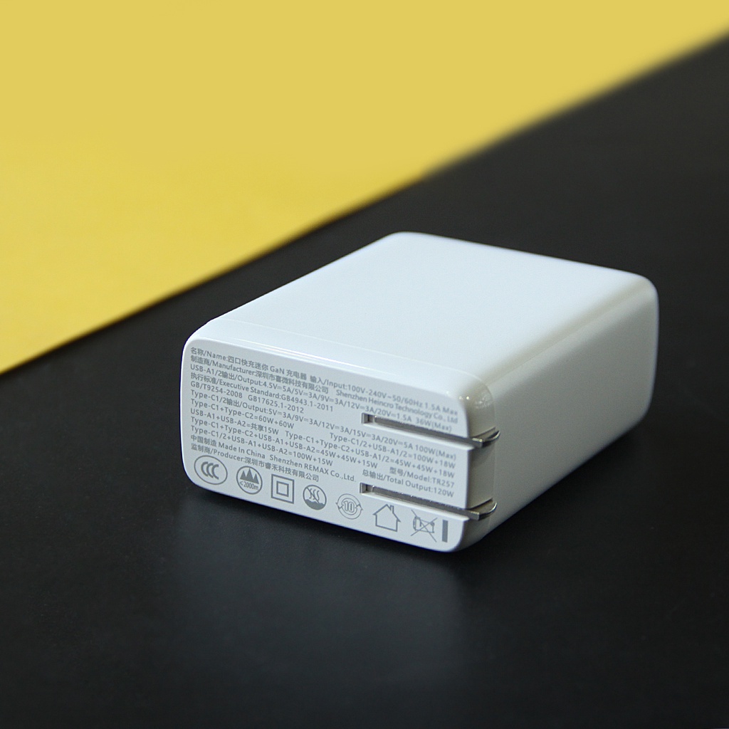 Củ sạc nhanh 120W 4 Cổng Remax TR257 GaN3 PRO cho Mac Pro, iPad Pr0, Phone 12, Note 10+, S20 PPS, PD 3.0, QC 4+