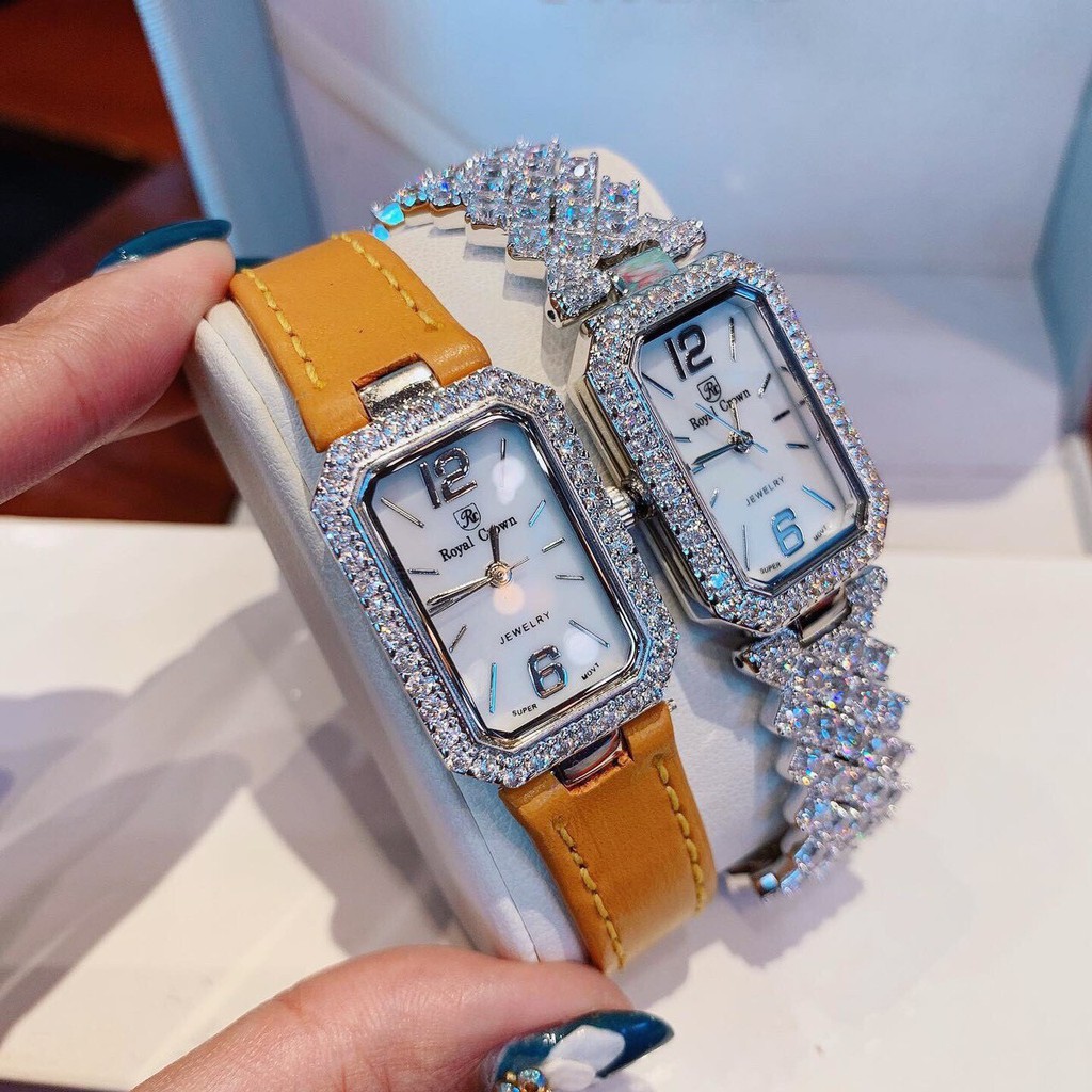 Set Đồng Hồ Nữ Royal Crown 6316 - Dây gắn đá + Dây Da - 20 x 30mm