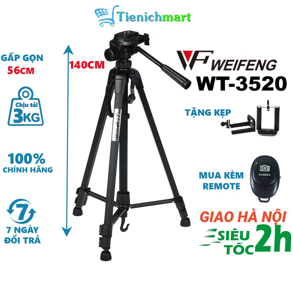 Tripod, giá đỡ điện thoại máy ảnh Weifeng WT-3520 khung nhôm cao cấp tải trọng 3kg có túi đeo tặng kèm kẹp điện thoại