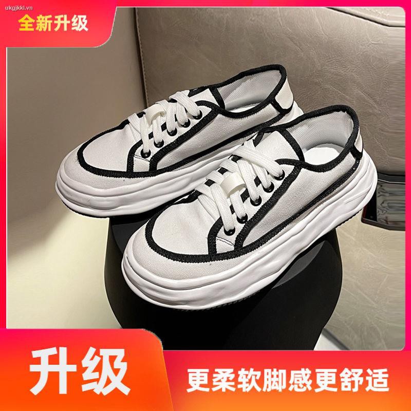 ☬Black and white color matching canvas shoes female autumn 2021 summer new wild thick-soled dissolving shoes ins tide small fragrant wind board shoes