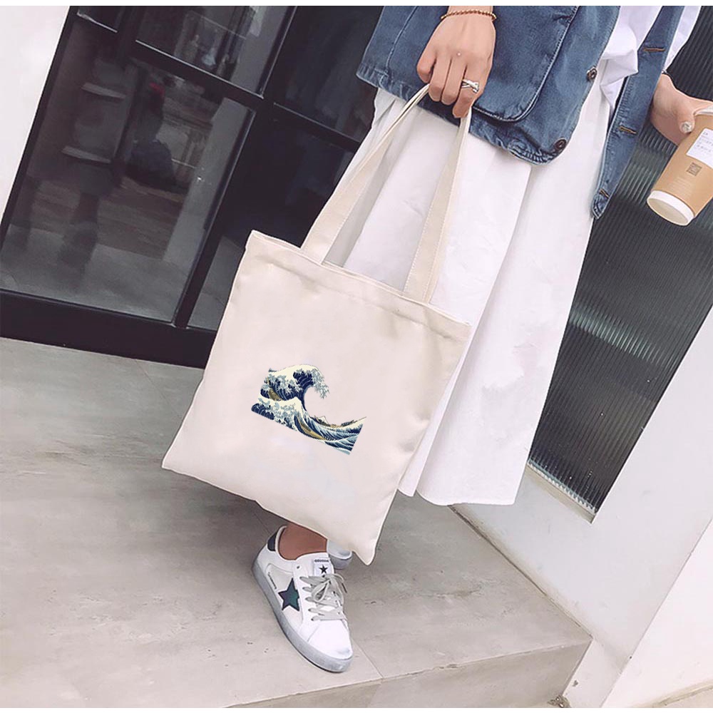 Túi tote vải Mộc GINKO dây kéo in hình great wave M59