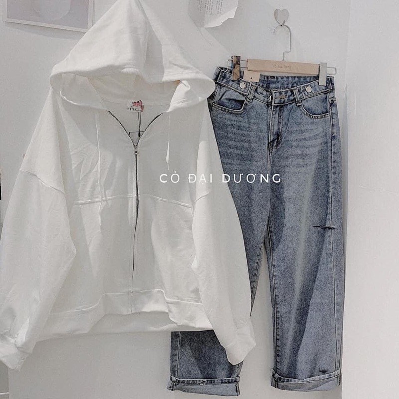 Áo hoodie nam nữ có khóa dọc chất cotton da cá hai màu đen trắng