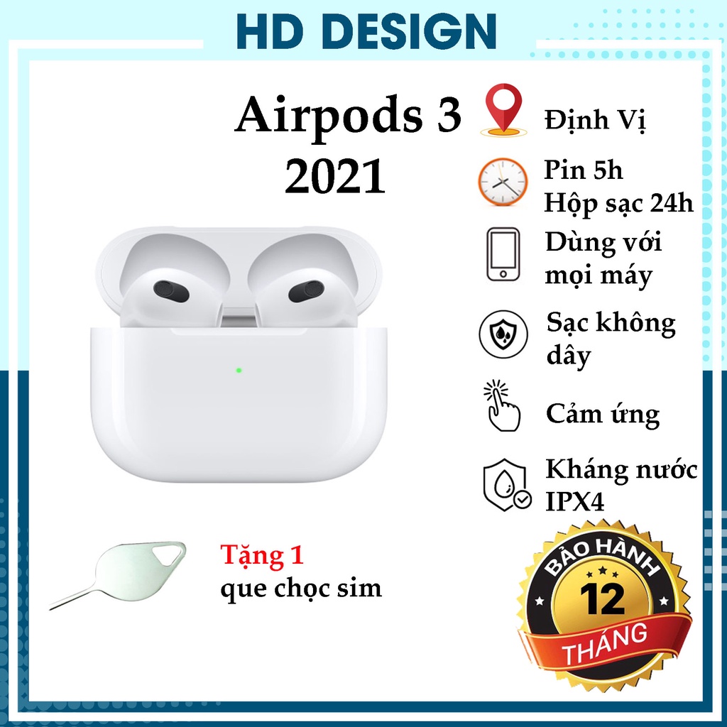 Tai Nghe Bluetooth Không Dây AlR.PODS 3 2021, Tai Nghe Không Dây - Âm Thanh Vòm - Định Vị-Sạc Không Dây -Cảm Biến