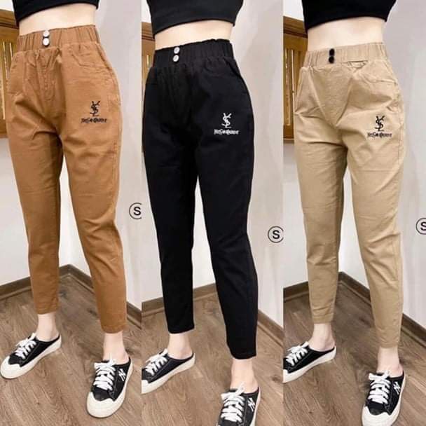 Quần baggy nữ chất đũi cạp chun 2 khuy, quần baggy đũi thêu chữ, bigsize đến 90kg