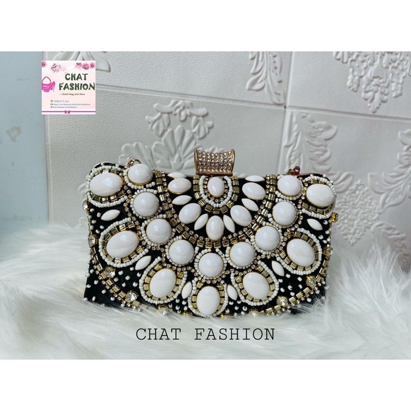 Cốp dự tiệc đính đá trắng to và hạt cườm  phong cách âu mỹ