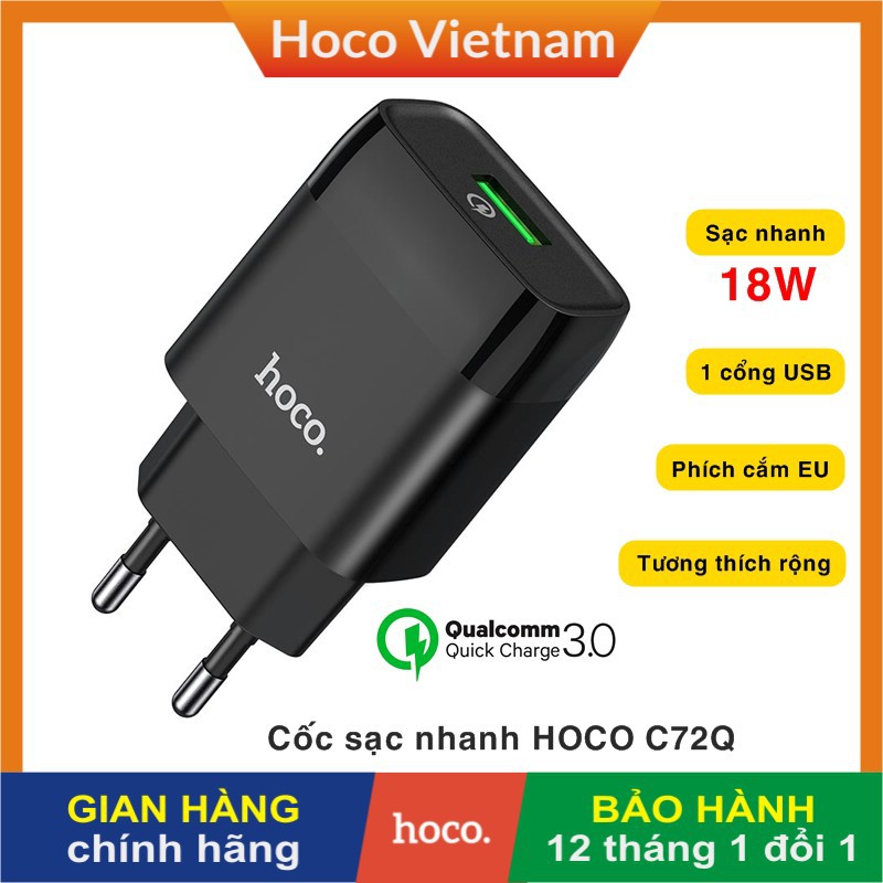 Củ cốc sạc nhanh 18W CHÍNH HÃNG HOCO C72Q 1 cổng USB cho điện thoại iPhone/ Samsung/ Oppo/ Xiaomi/ Huawei/ Vsmart/ Nokia