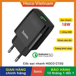 Củ cốc sạc nhanh 18W CHÍNH HÃNG HOCO C72Q 1 cổng USB cho điện thoại iPhone/ Samsung/ Oppo/ Xiaomi/ Huawei/ Vsmart/ Nokia