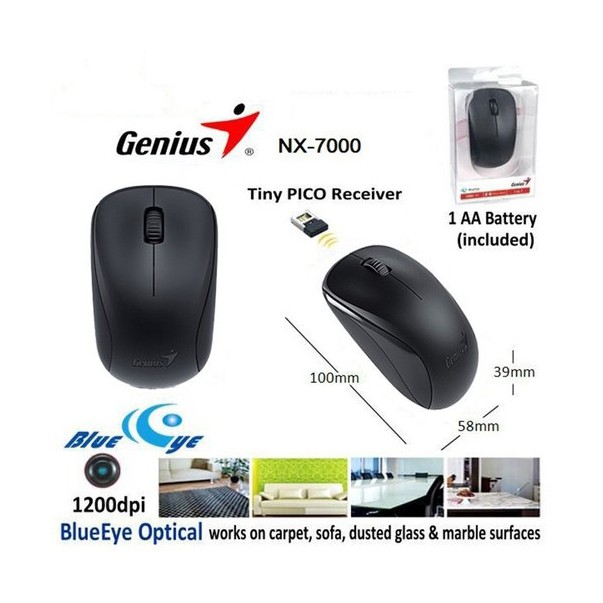 Chuột KHÔNG DÂY CAO CẤP Genius 7000, Chính Hãng Nguyên Tem, Công Nghệ BlueEye, Đa Dụng