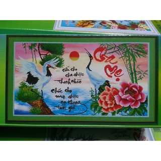 Tranh đính đá cha mẹ hạc hoa sen H891