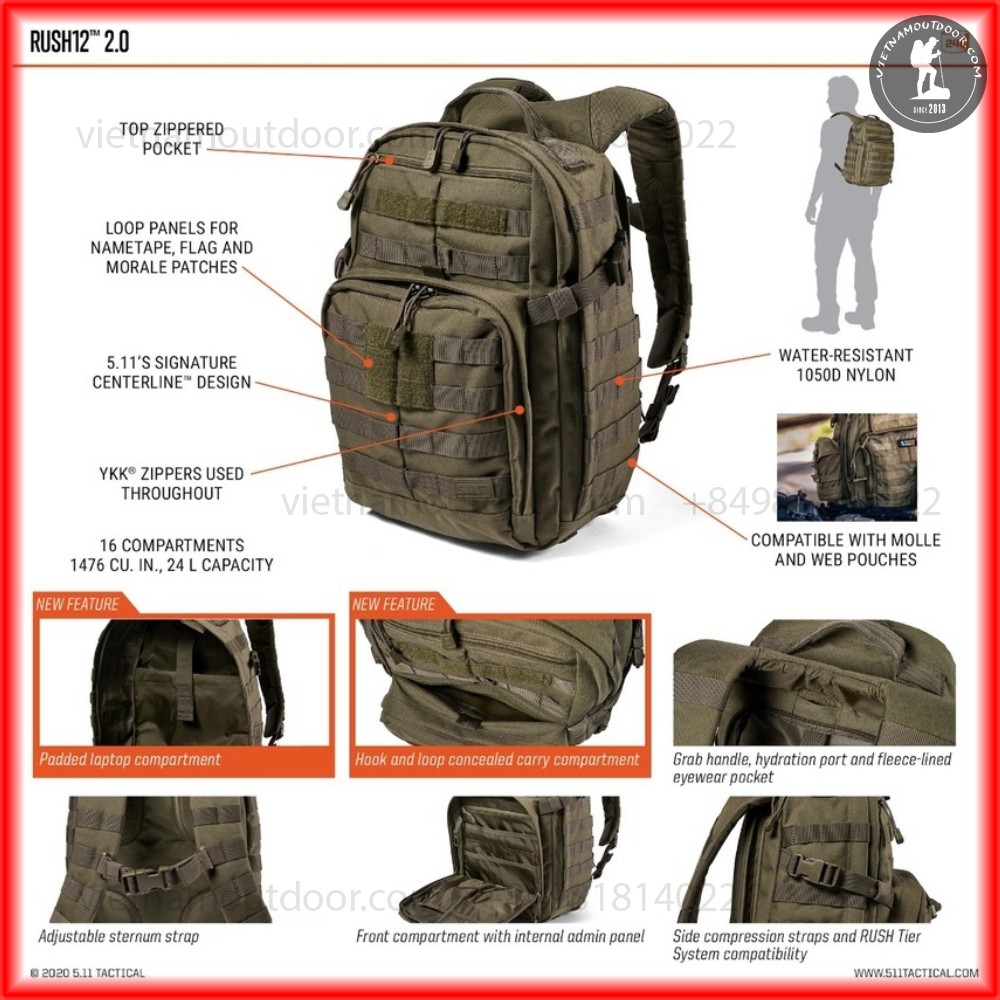 Balo phượt 5.11 Tactical Rush 12 -511⚡️[ HÀNG XUẤT DƯ ] ⚡️balo leo núi chiến thuật tactical du lịch chống nước tuyệt đối