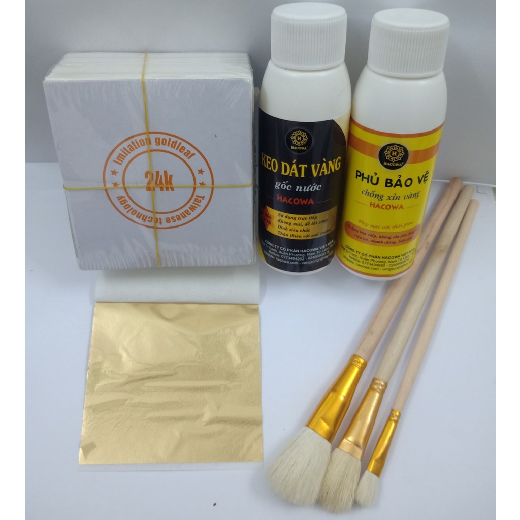 Combo 500 lá vàng kèm đủ phụ kiện 100ml keo dát, phủ bảo vệ lá vàng, bút chổi dành cho dát vàng hoa quả, thạch cao