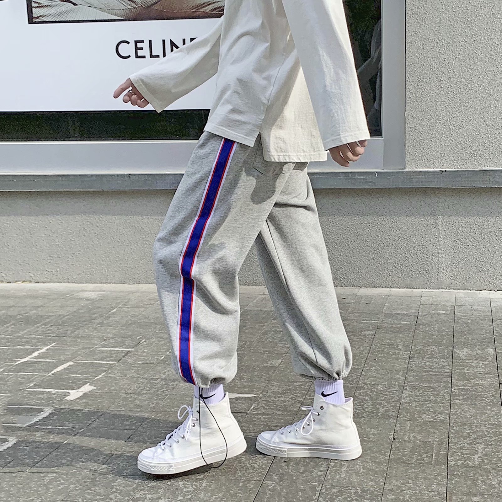 Casual pants Drawstring trousers Hip-hop trousers running track pants Contrasting striped loose straight-leg pants for men and women Korean style trendy nine-point guard pants Wild INS Hong Kong fashion brand pants in stock