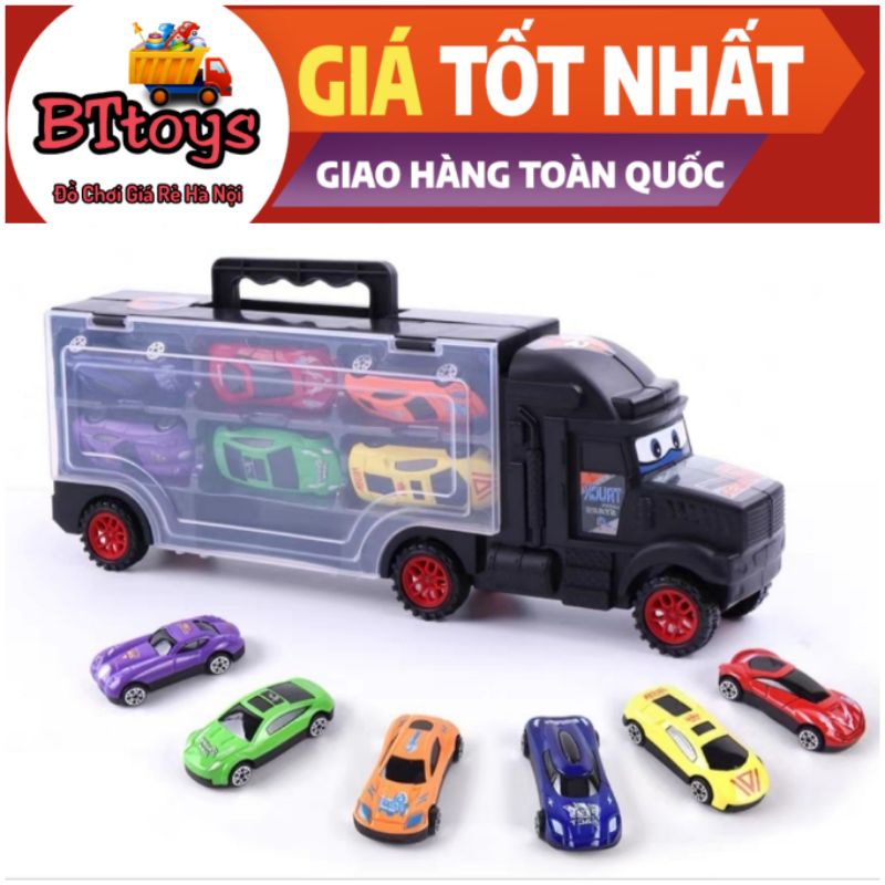 Xe tải đồ chơi xe container xe kéo kèm 6 xe con Kim Loại