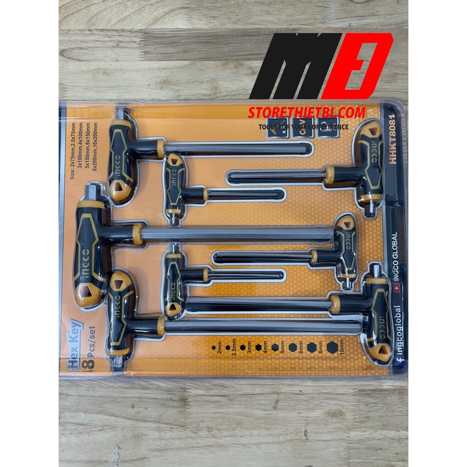 Bộ 8 chìa lục giác tay cầm chữ T đầu bằng2-10mm INGCO HHKT8081