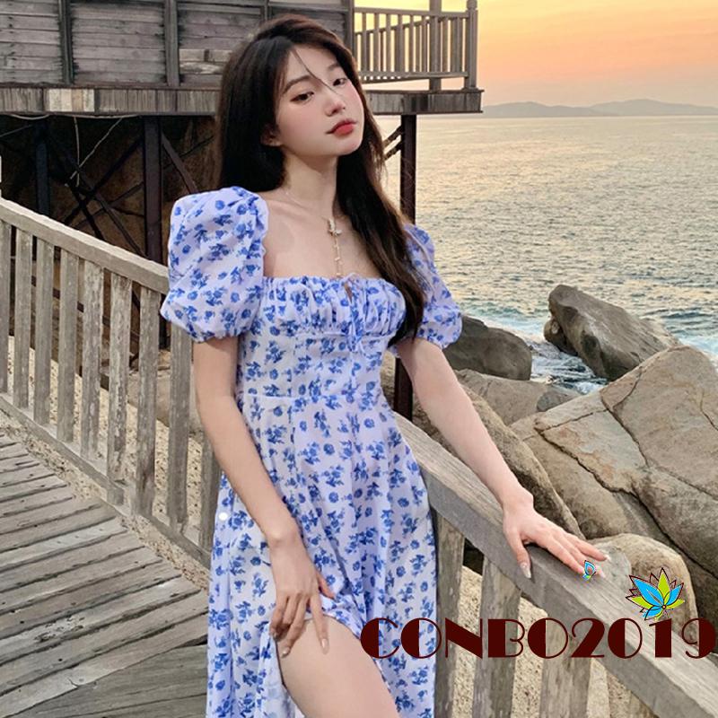 Đầm Dài Tay Phồng In Họa Tiết Hoa Thời Trang Xuân Hè Dành Cho Nữ