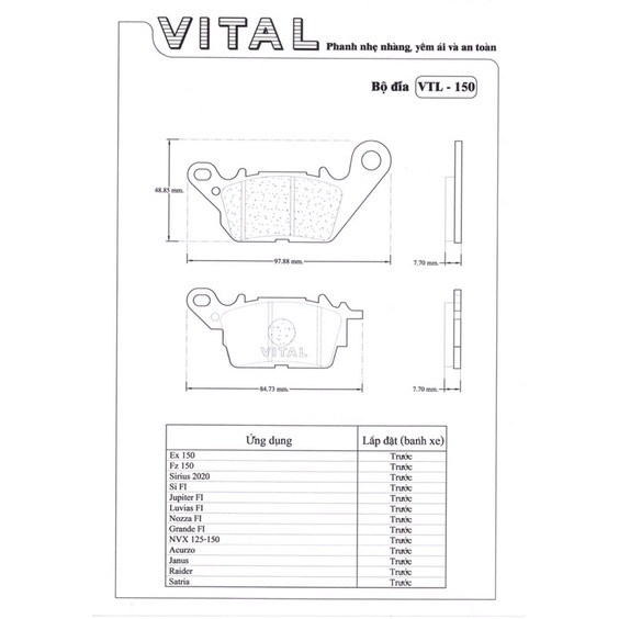 Bố thắng trước + sau EX 135/ SIRIUS FI/ JUPITER FI/ NOUVO LX/ NOUVO SX/ LUVIAS/ NOZZA - Ma phanh, bo thang dia VITAL