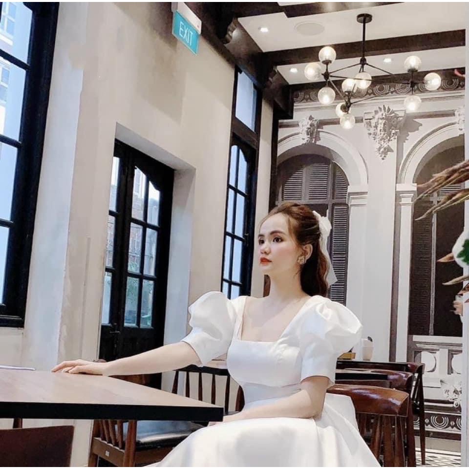 Đầm nữ dự tiệc cổ vuông kèm nơ bảng to váy trắng chụp hình kỷ yếu xinh đẹp dễ thương