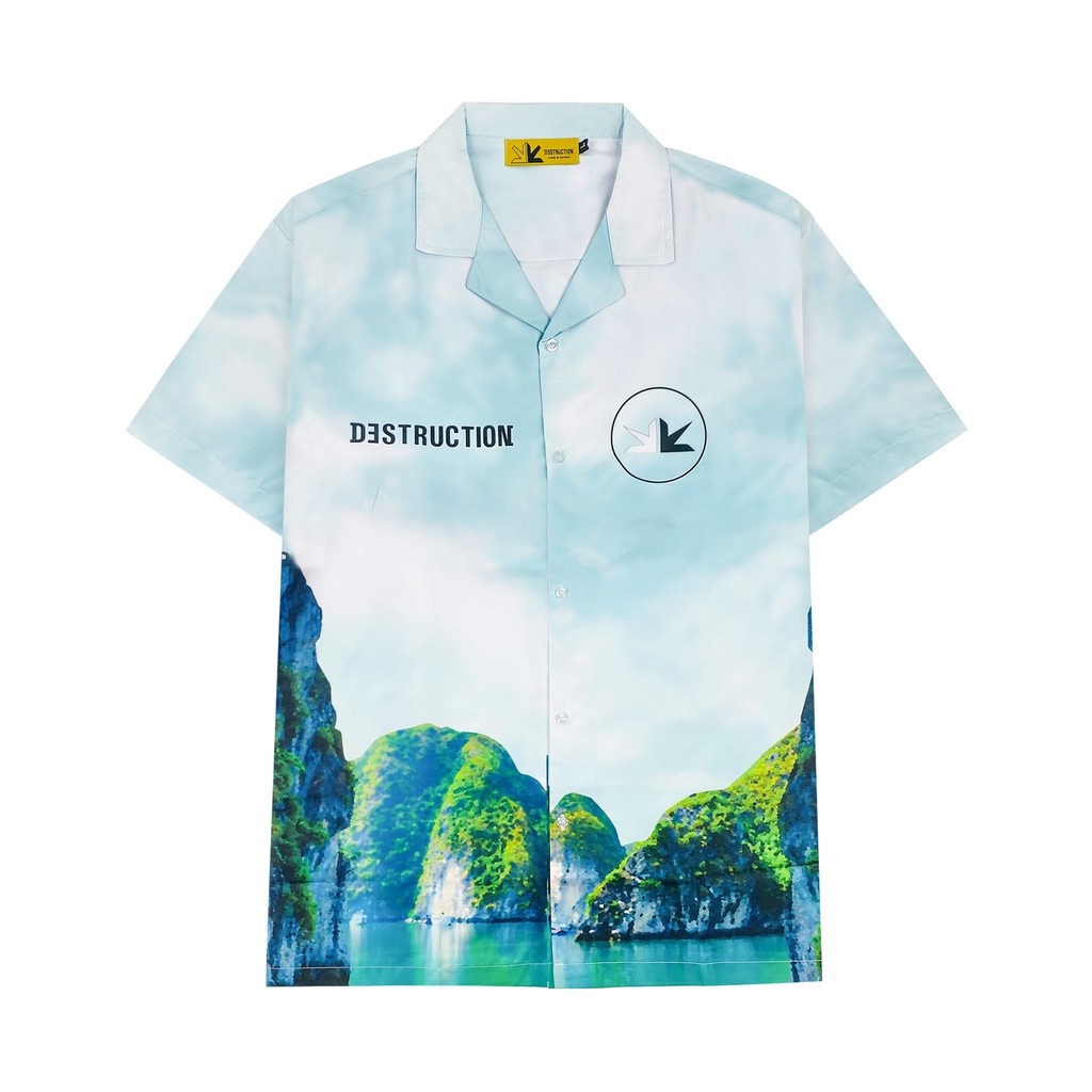 Áo sơ mi Hạ Long màu xanh local brand Destruction in hình hoạ tiết bầu trời và biển