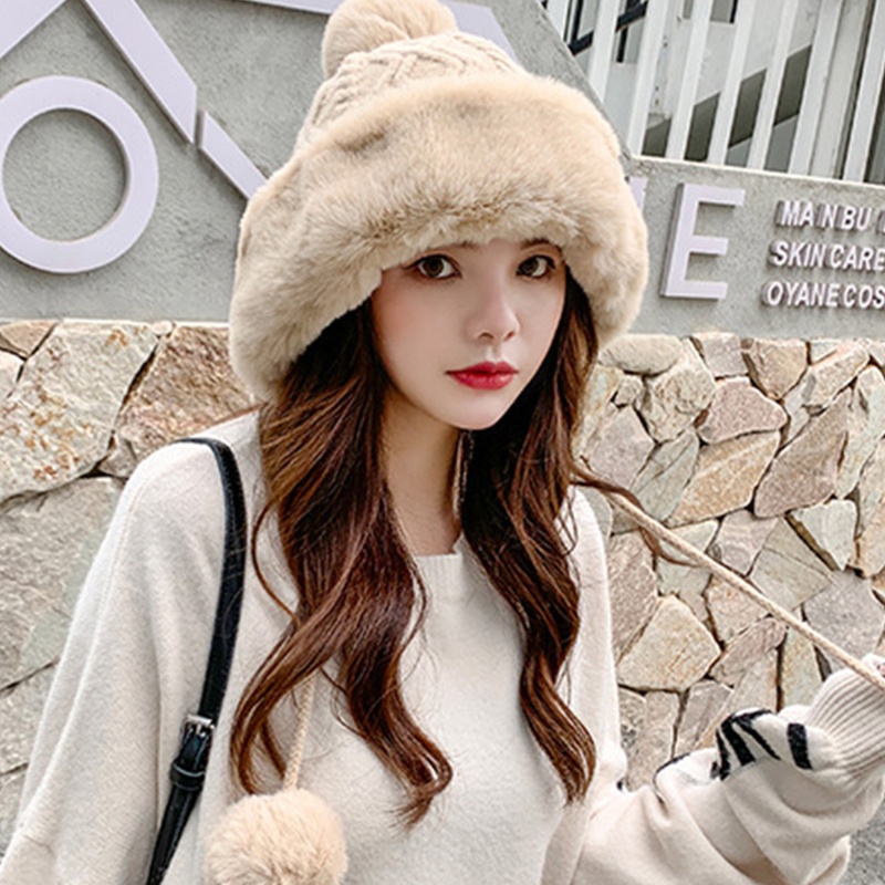 Mũ Len Dày Dặn Giữ Ấm Mùa Đông Chống Gió Màu Trơn Gắn Quả Bông Dễ Thương Cho Nữ