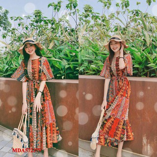 Đầm Maxi Thổ Cẩm Maxi Tay Loe Siêu Yêu