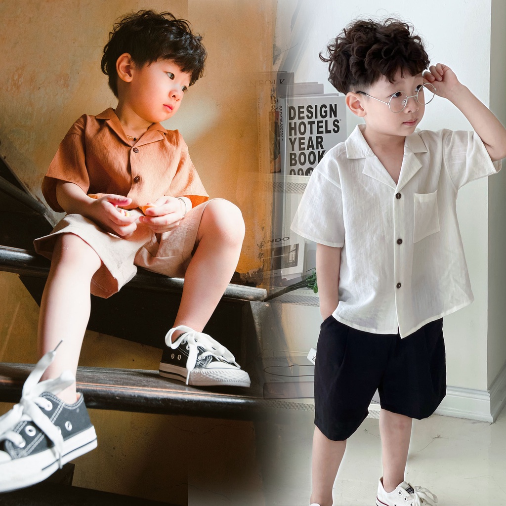 Bộ quần áo bé trai , bộ đồ bé trai áo cổ 2 ve chất Thô muji nhật bản