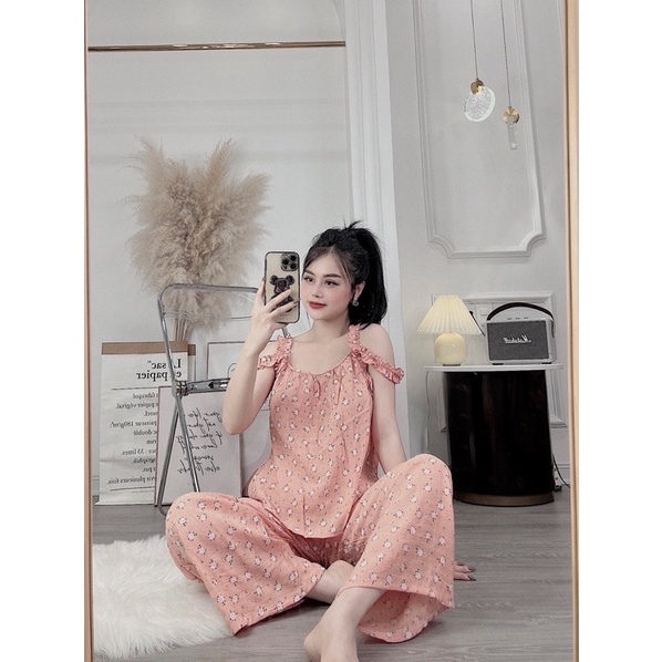 Set bộ mặc nhà hàng thiết kế hai dây trễ vai đồ ngủ dễ thương cho nữ