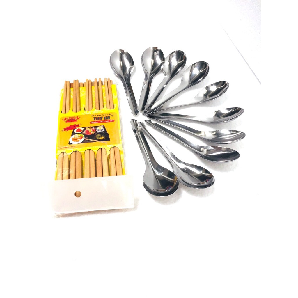 Combo 10 muỗng inox 10 đôi đũa gỗ cao cấp