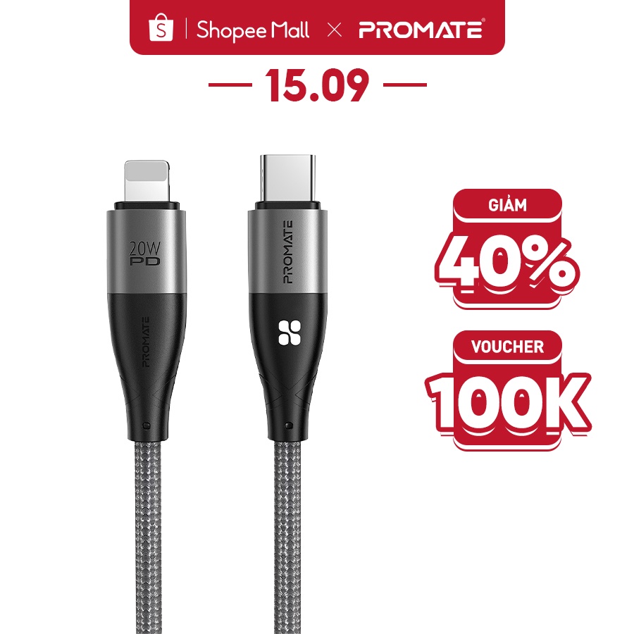 Cáp Sạc Nhanh 20W Cho iP PROMATE iCord PD20 Dài 1.2M - USB C to Light - Dây Nylon Chống Rối - 54629