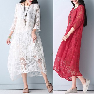 Đầm dáng rộng cổ truyền phối ren