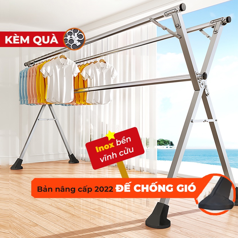 Giàn Phơi Đồ Bánh Xe Gấp Gọn Loại Khung Phơi Kèm Giá Sào Thông Minh, Cây INOX Treo Quần Áo Tặng 20 Móc chống bay