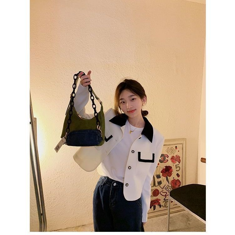 Áo Khoác Dáng Ngắn Form Ôm Phối Màu Tương Phản Thời Trang Hàn Quốc Cho Nữ