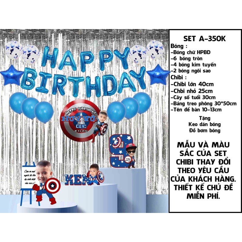 Set trang trí tiệc sinh nhật bé, Chibi và bóng (mẫu tuỳ chọn thiết kế theo yêu cầu)