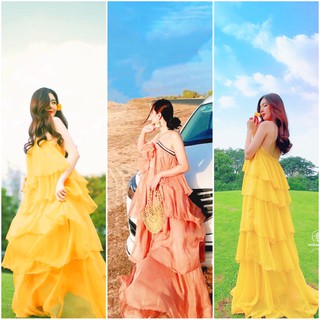 HOANGYEN - Đầm yếm tơ 5 tầng phối dây xích vàng