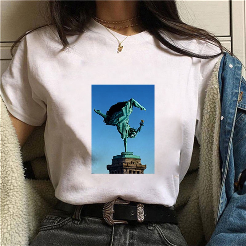 Women Funny Vintage Vogue Printed TShirt Summer Statue of Liberty T-shirt Women White O-Neck T-Shirt Femme Streetwear