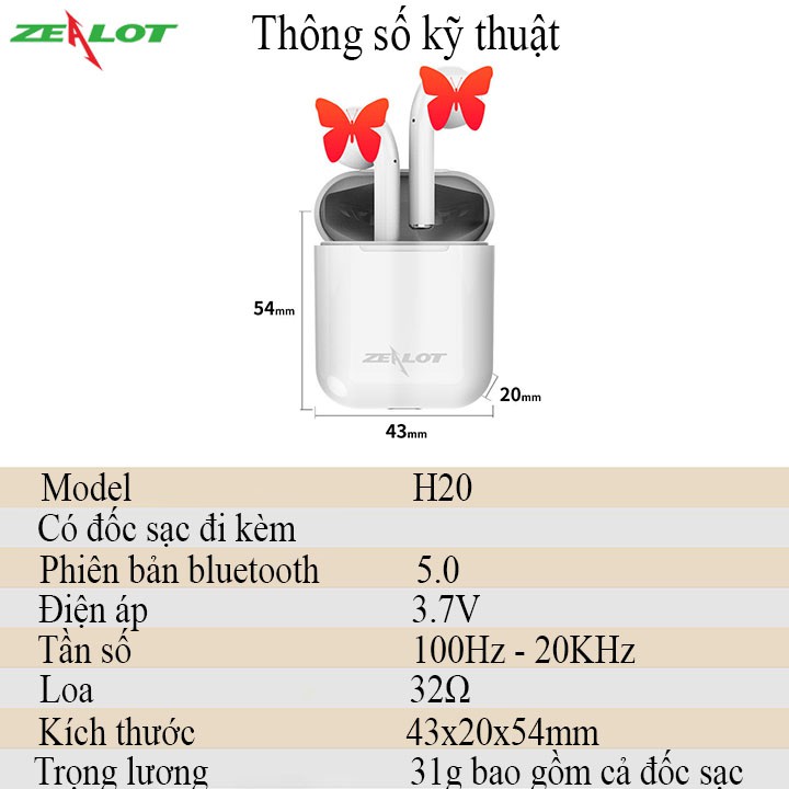 Tai nghe bluetooth không dây nhét tai Zealot cảm ứng 5.0 H20 chống mồ hôi dành cho cả nam và nữ, 1tai nghe kèm 1dock sạc
