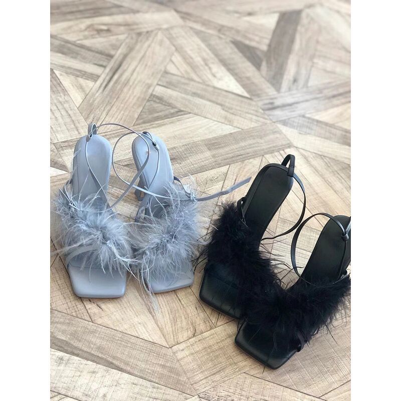 Xăng đan Đế Bằng Quai Ngang Đính Lông Vũ Màu Đen Thời Trang Âu Mỹ 2022 Cho Nữ