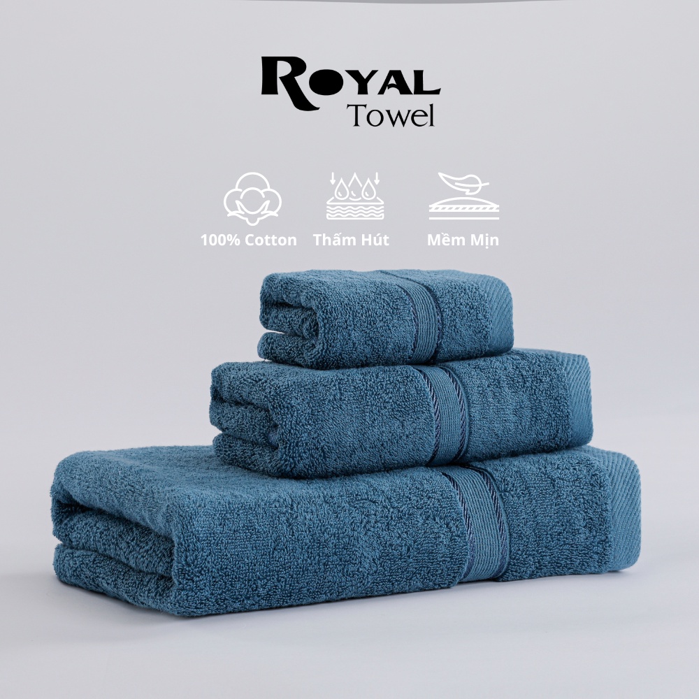 Combo 3 Khăn: Khăn tắm, Khăn gội, Khăn mặt Royal Towel 100% Cotton Mềm Mại, Thấm Hút, Kháng Khuẩn