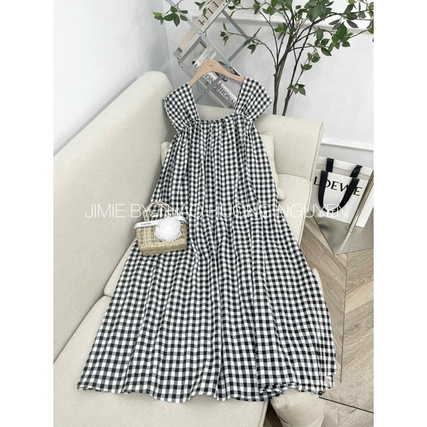 Đầm hai dây bản to hoạ tiết kẻ ô dáng suông, Váy hai dây bản to chất đũi dáng dài maxi