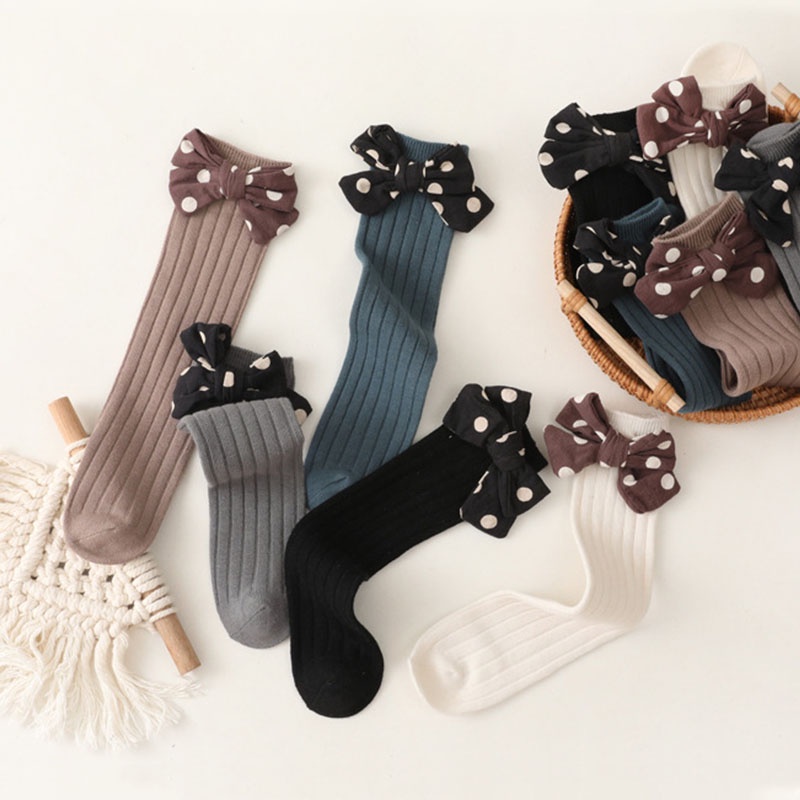 Vớ Cotton Dài Đến Đầu Gối Mềm Mại Màu Trơn Họa Tiết Chấm Bi Đính Nơ Dễ Thương Cho Bé Gái