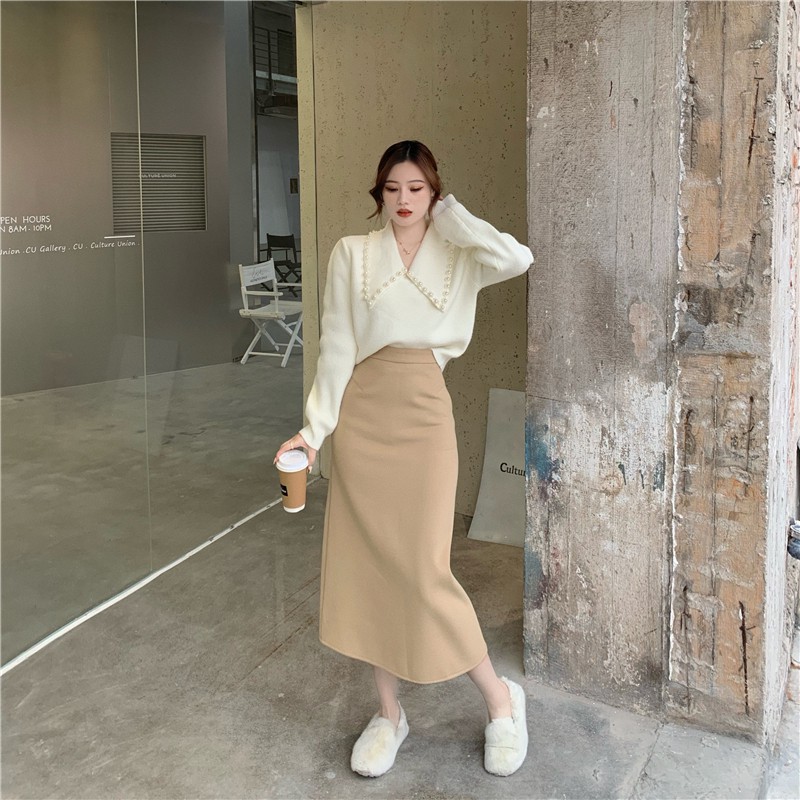 Set Áo Len Tay Phồng Cổ Chữ V Đính Hạt + Chân Váy Lưng Cao Thời Trang Cho Nữ | BigBuy360 - bigbuy360.vn