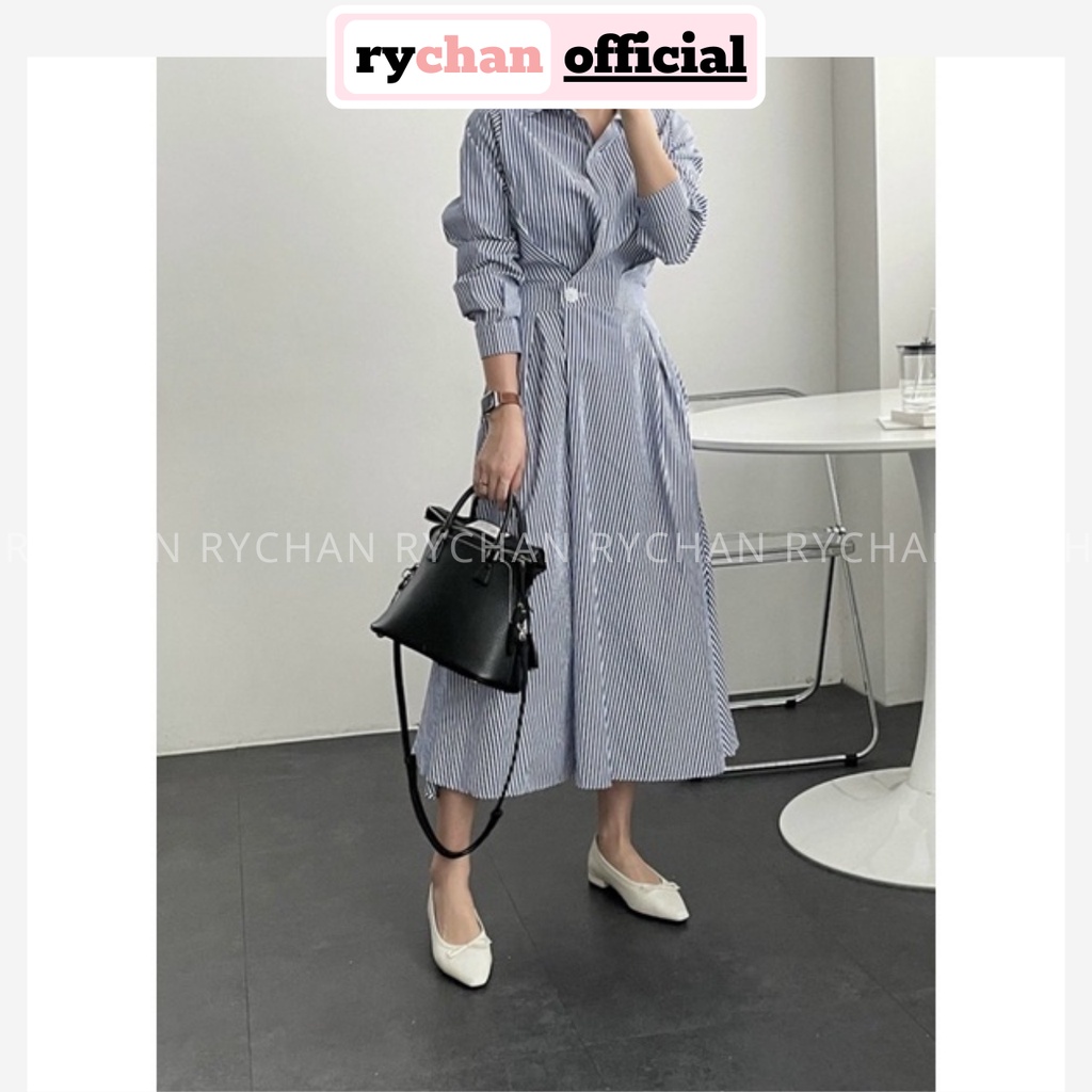 Đầm Nữ Công Sở Sọc Xanh Tay Dài Cổ Sơ Mi Nút Eo Cực Thanh Lịch - DX9801