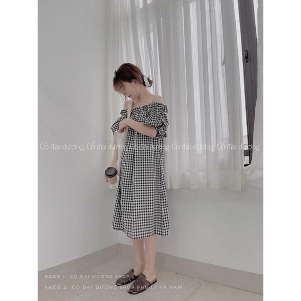 Váy kẻ xuông bèo vai TC12