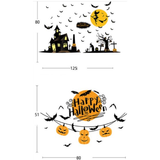 Combo decal dán tường Halloween - Bí đỏ treo dây kết hợp ngôi nhà ma