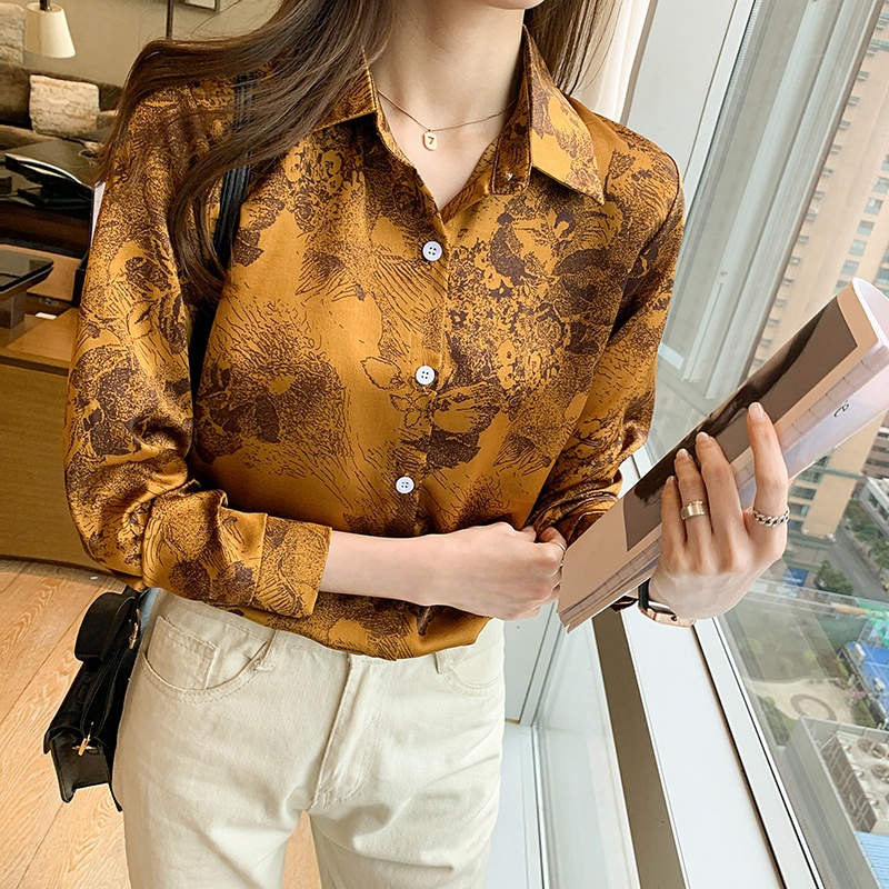 Áo Sơ Mi Vải Lụa Satin Lụa Satin Tay Dài In Họa Tiết Mực In Mới Mùa Xuân Năm 2021 Thời Trang Cho Nữ