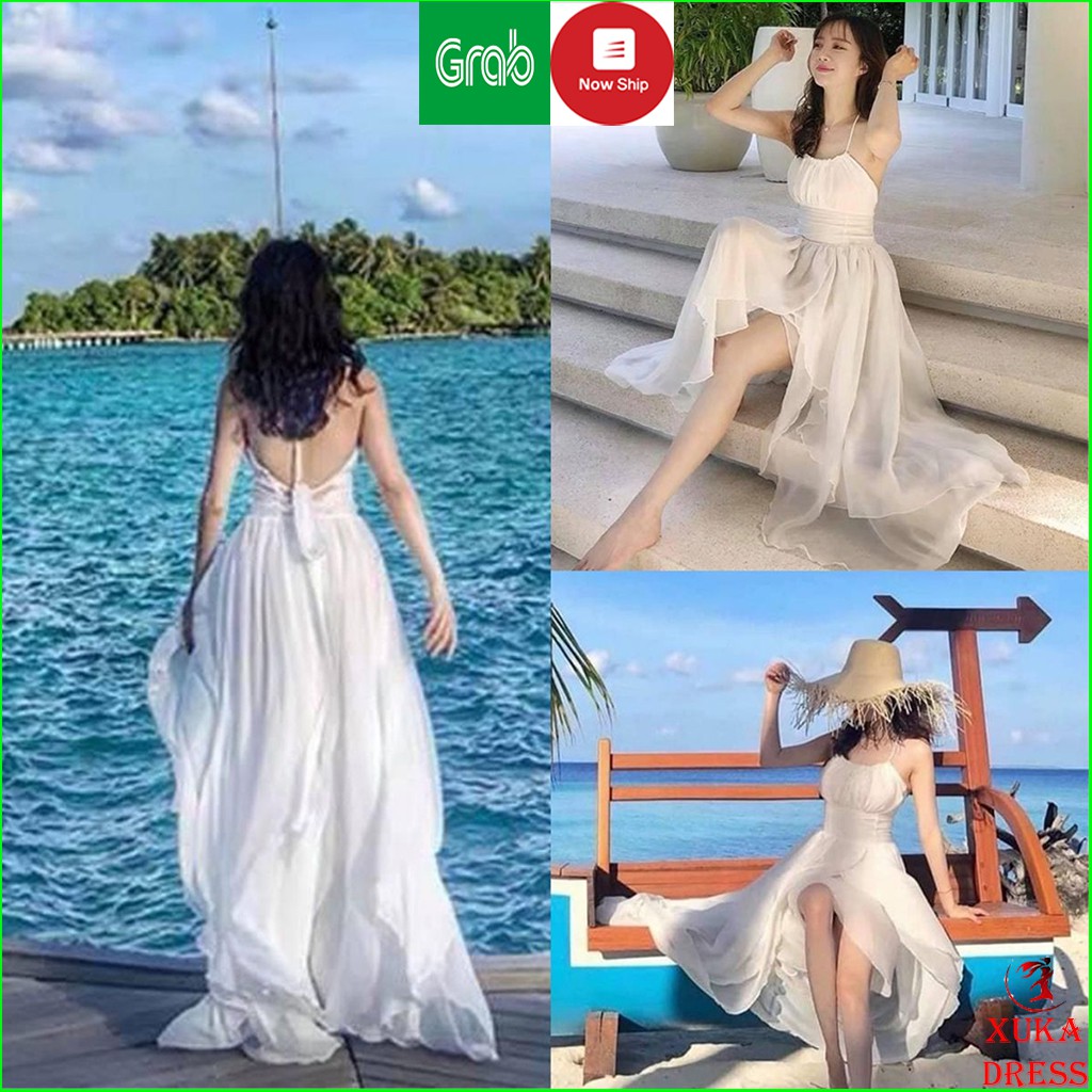 Đầm maxi trắng boho dáng dài đi biển 2 dây hớ lưng xẻ tà công chúa chụp hình kỉ yếu nàng thơ XUKA DRESS MT047