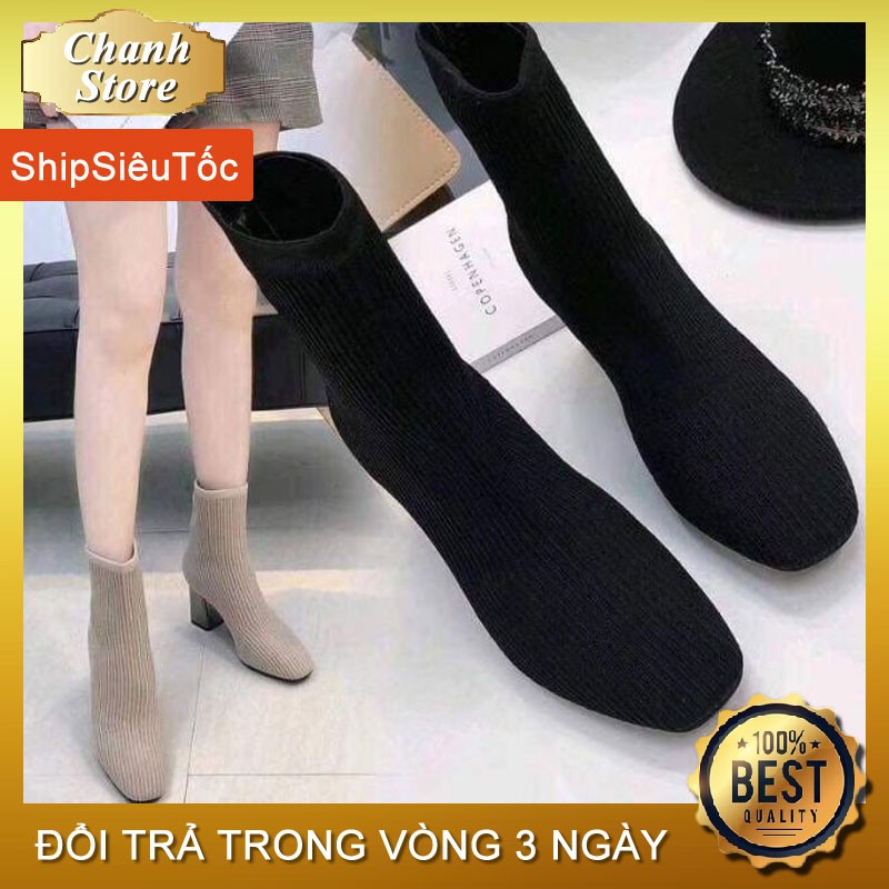 Bốt Len 💖FREESHIP📛 Boot Nữ 7p Bằng Len Siêu Đẹp, Giày Cao Gót Vuông, Tráng Bạc Sang Chảnh