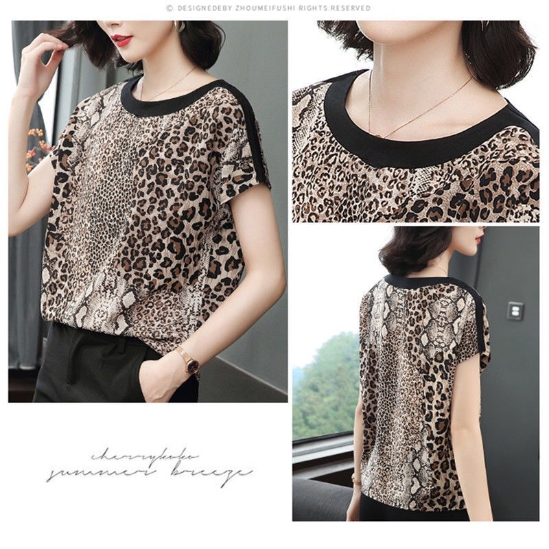Áo Thun Tay Ngắn Dáng Rộng Vải Lụa Lạnh In Họa Tiết Da Báo Thời Trang Cao Cấp Cho Nữ Trung Niên