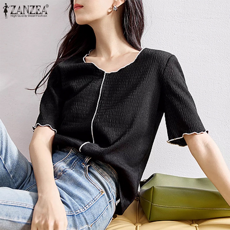 Zanzea Áo Nữ Tay Ngắn Cổ Chữ V Màu Tương Phản Phong Cách Hàn Quốc