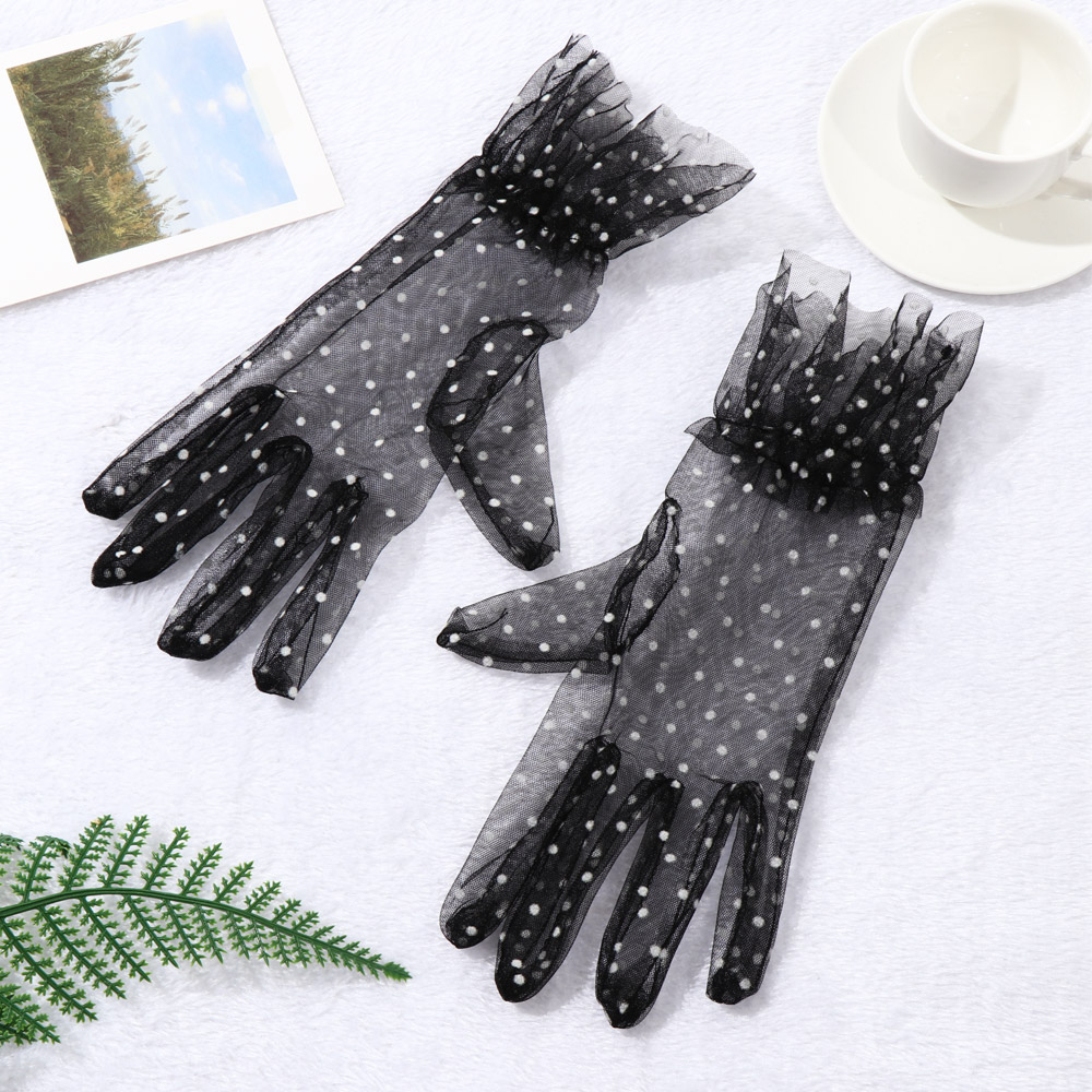 HS Women Mesh Mittens Sexy Dot Printing Tulle Gloves Lotus Leaf Elastic Sunscreen Transparentes Full Finger/Multicolor