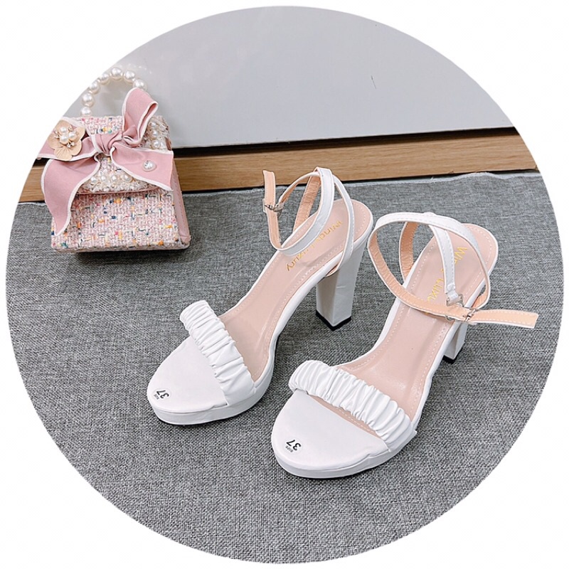 Giày cao gót- Giày sandal cao 12cm gót vuông mũi tròn quai nhún ngang da lì